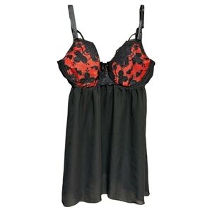 Cacique 40DD Red Black Lace Babydoll Lingerie Plus Size Sexy Sheer Nightgown